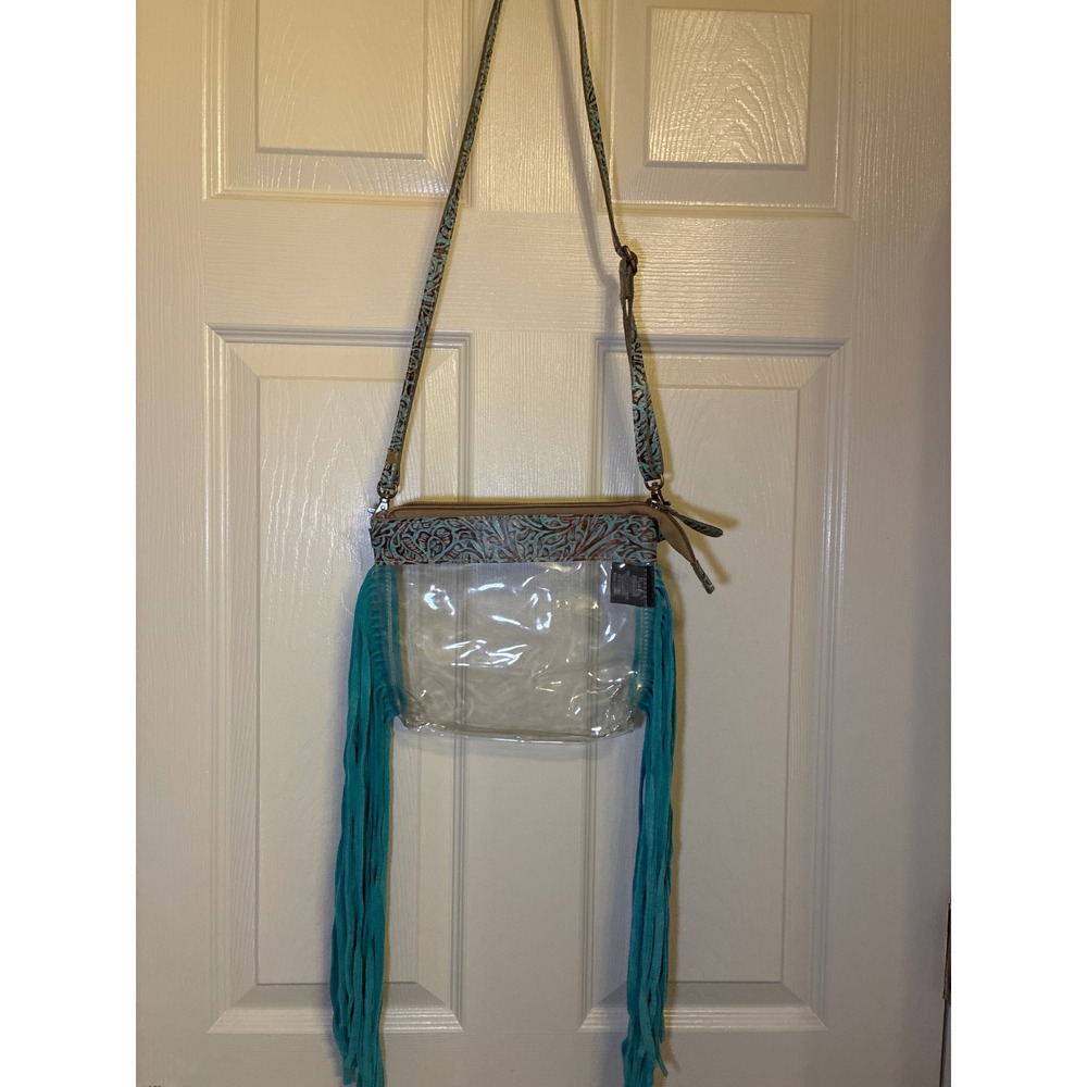 Myra Bag Clear Crossbody Stadium Bag Turquoise Tooled Leather Fringe Western
